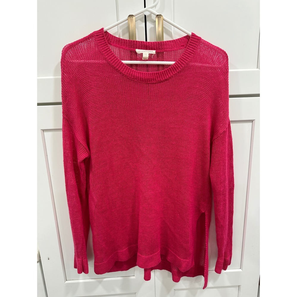 Eileen Fisher Linen Knit Sweater Top Side Slits Lightweight Pink S